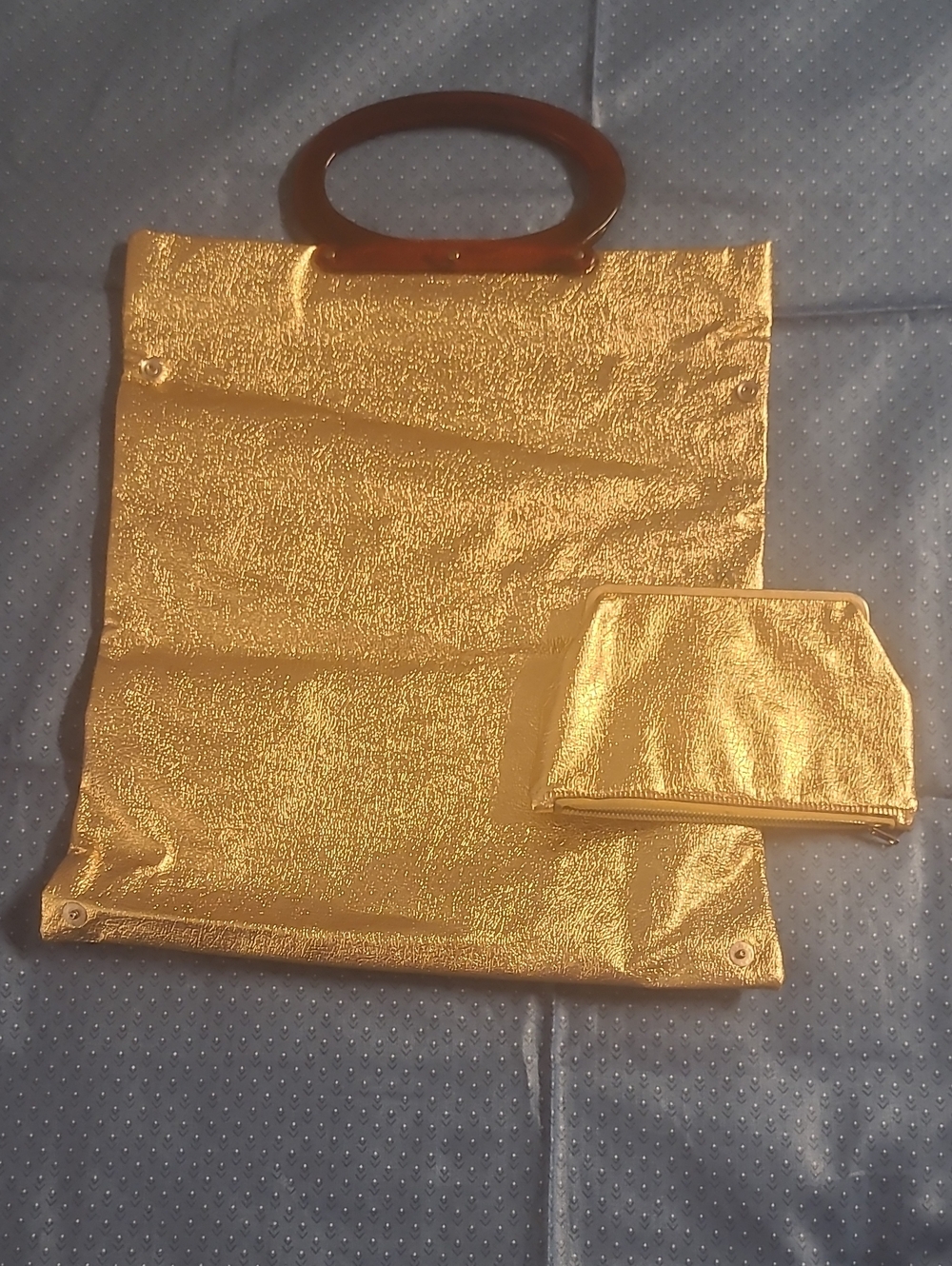 Metallic Gold Oval-Handle Tote with Matching Zip/click Pouch